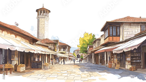 Skopje Old Bazaar. Skopje Old Bazaar watercolor vector illustration