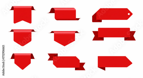 Minimalist Red Ribbon Discount Tags Flat Design Banners with Folded Edges Vector Icons Isolated on White Background