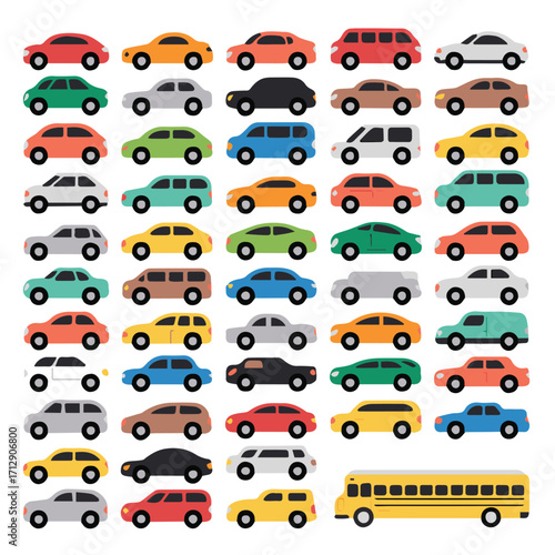 colorful vehicle collection with sedan suv van school bus in cartoon style for kids transport and traffic education