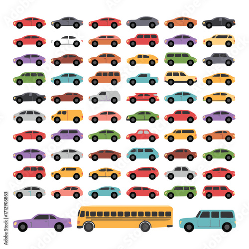 cartoon vehicle grid with sedan suv van school bus in flat vector style for traffic education and transport visuals