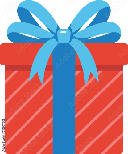 vector illustration of glossy red present box with blue satin ribbon and bow for special occasion greeting designs