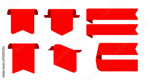Minimalist Red Ribbon Discount Tags Flat Design Banners with Folded Edges Vector Icons Isolated on White Background