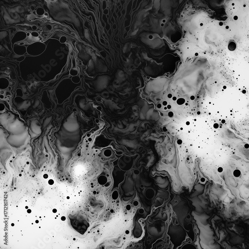 Abstract black and white ink texture with fluid marble patterns, artistic monochrome background