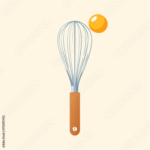 Minimalist vector illustration of a whisk and an egg yolk, perfect for culinary and food-related designs
