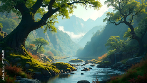 A lush forest with a beautiful river flowing along the banks of trees and rocks.