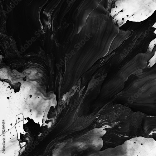 Abstract black and white ink texture with fluid marble patterns, artistic monochrome background