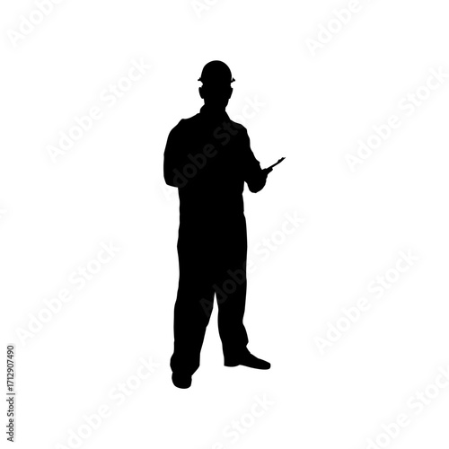 A bold, black silhouette of a construction worker, confidently standing, holding blueprints or plans.