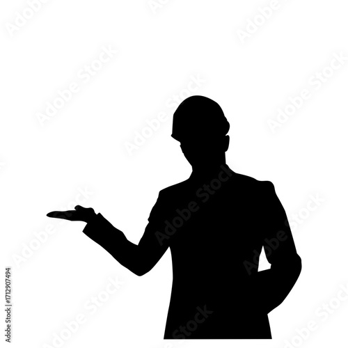 A focused silhouette of a construction worker or engineer, intently studying blueprints.