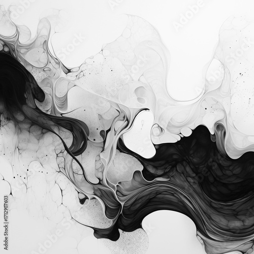 Abstract black and white ink texture with fluid marble patterns, artistic monochrome background