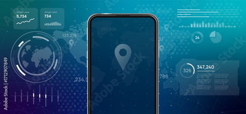 high tech digital dashboard with a world map large blank smartphone screen location pin represents mobile technology digital application location based services on global scale
