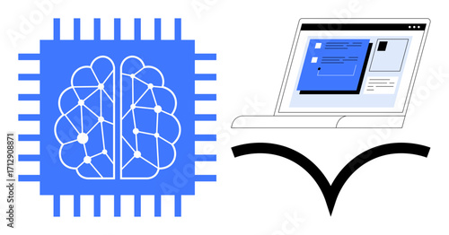 Neural network design on a microchip paired with an open laptop displaying educational content. Ideal for AI, technology, machine learning, education, innovation, digital learning, automation themes