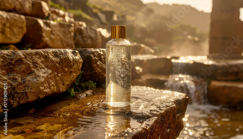 Conditioner Morphing into Waterfall Etching Runes on Stone Tablets for Mythic Hydration Haircare Visual Narrative