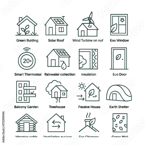 Icons representing eco-friendly home features like solar roof and wind turbine