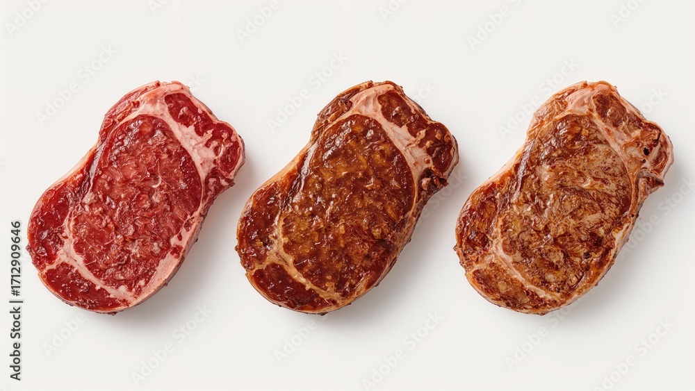 Obraz premium From raw to perfectly cooked: Three 1.8kg T-bone steaks bursting with flavor and tenderness.