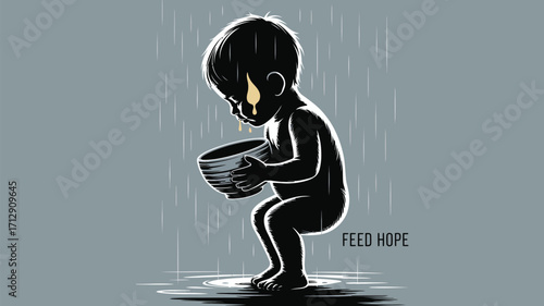 Vulnerable child holding empty bowl in rain symbolizes poverty and the urgent need for donations