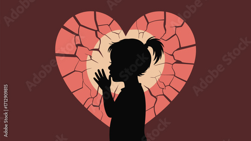 Little girl prays before a cracked heart, capturing vulnerability, healing, and childhood innocence