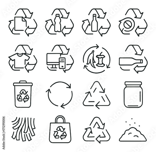 Collection of recycling symbols and icons for sustainable practices