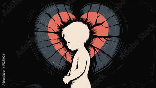 Heartbreak and loss concept with sad child in front of cracked vinyl record heart background