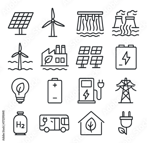 Renewable energy icons: solar panels, wind turbines, hydropower, biomass, electric vehicle charging, hydrogen