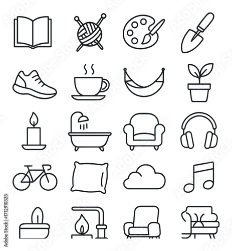 Vector icons of hobbies and home objects: book, knitting, painting, garden tools, more
