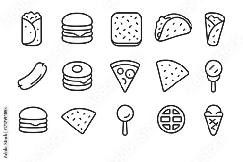 Breakfast icons stick vector taco egg link nutrition icon quesadilla wrap hash