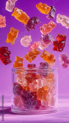 Vibrant shot of gummy bears falling into glass jar on purple background — playful candy scene celebrating sweetness, color, and childhood nostalgia.