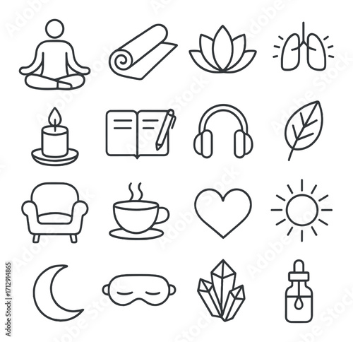 Wellness and relaxation icons featuring meditation, yoga, and nature symbols