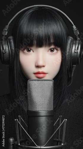 Young woman in dark attire wearing large headphones and speaking into professional microphone — music, podcast, and voice recording concept.