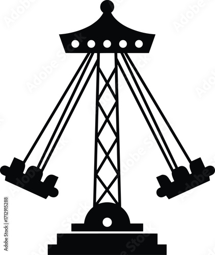Swing ride silhouette, amusement park attraction, black and white illustration, chair-o-plane design, carnival motion, fun fair icon, entertainment structure