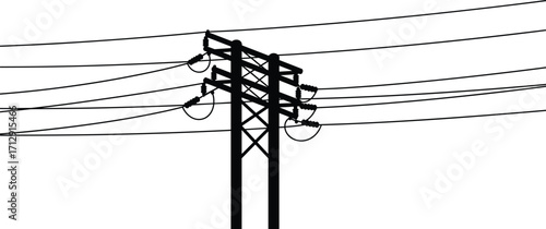 Utility pole silhouette, double support structure, power line infrastructure, black and white illustration, electrical grid layout, energy system design