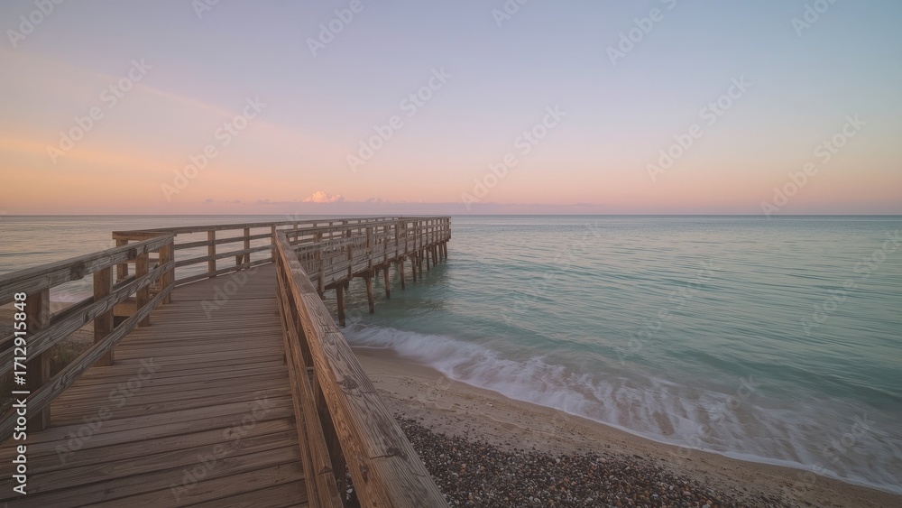 Obraz premium Timber walkway at dusk with water and sky views, beach setting, summer vibes, nature scene, wooden structure landscape illuminated by soft light