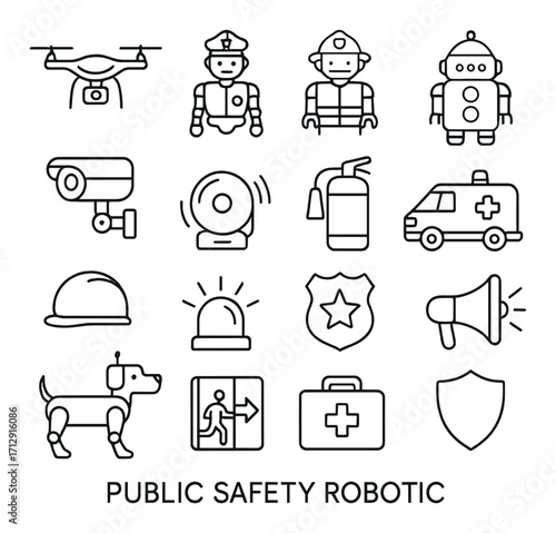 Public safety robotics icons: drone, robot, camera, emergency tools, security devices