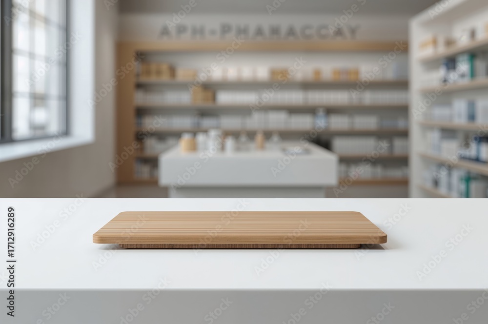 Obraz premium Wooden plank on a bare surface with a soft-focus backdrop for showcasing pharmaceutical items.
