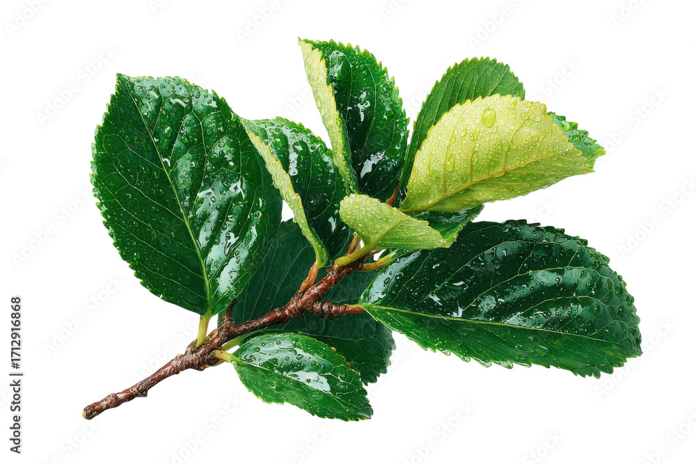 Fototapeta premium Green tea leaves with twig, glossy wet foliage close-up isolated on Transparent Background