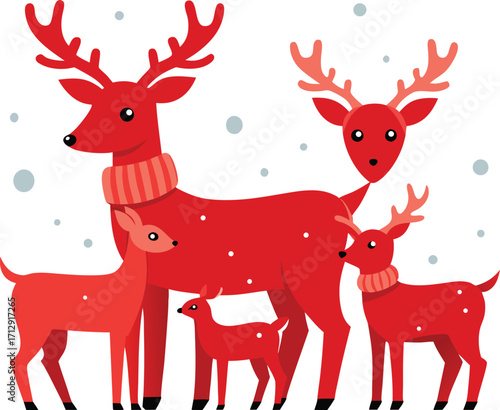 Festive red deer family illustration with snowflakes