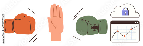 Boxing gloves, open hand showing peace, secured cloud with lock, and upward graph showcasing growth. Ideal for teamwork, negotiation, data security, growth, productivity conflict decision-making