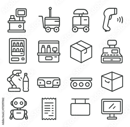Warehouse and retail technology icons set featuring robots and scanners