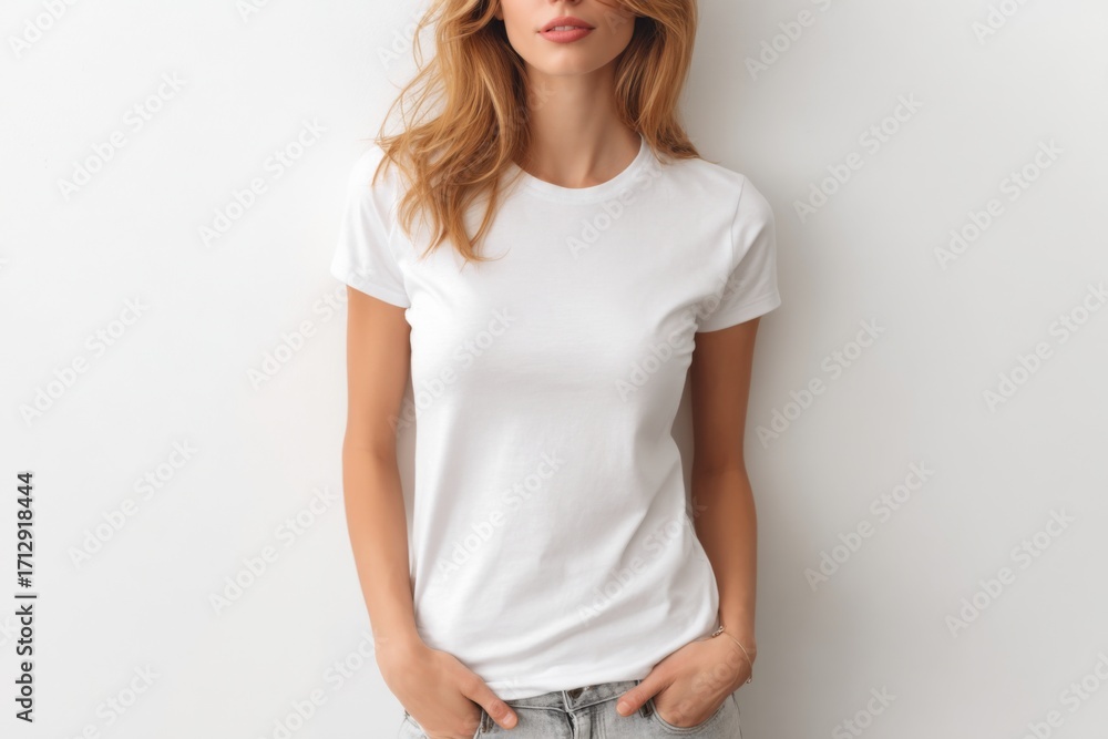 Fototapeta premium A young woman stands confidently with her hands in her pockets, wearing a plain white t-shirt and distressed jeans. The neutral background emphasizes her laid-back outfit choice