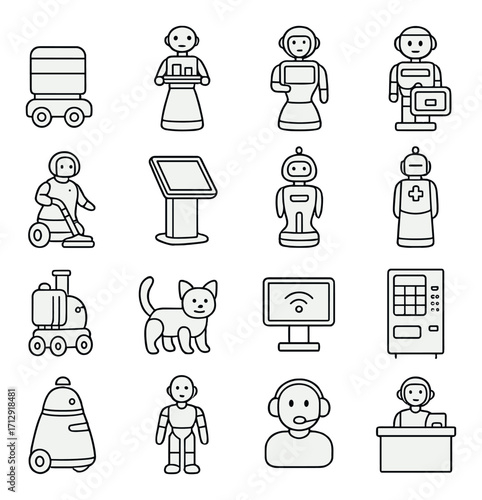 Various robot icons: service, medical, service, ai, technology