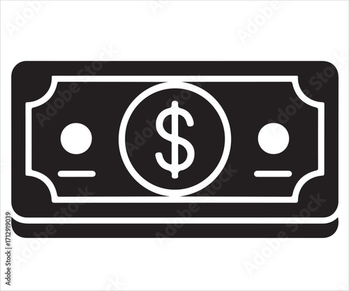 Black silhouette of dollar bill icon isolated on white background, minimalist vector illustration representing money, finance, cash, economy, currency, banking, payment, wealth, savings, trade, and bu