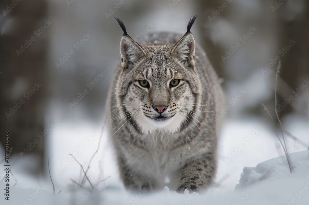 Fototapeta premium Lynx strolling through snowy woods during winter months.