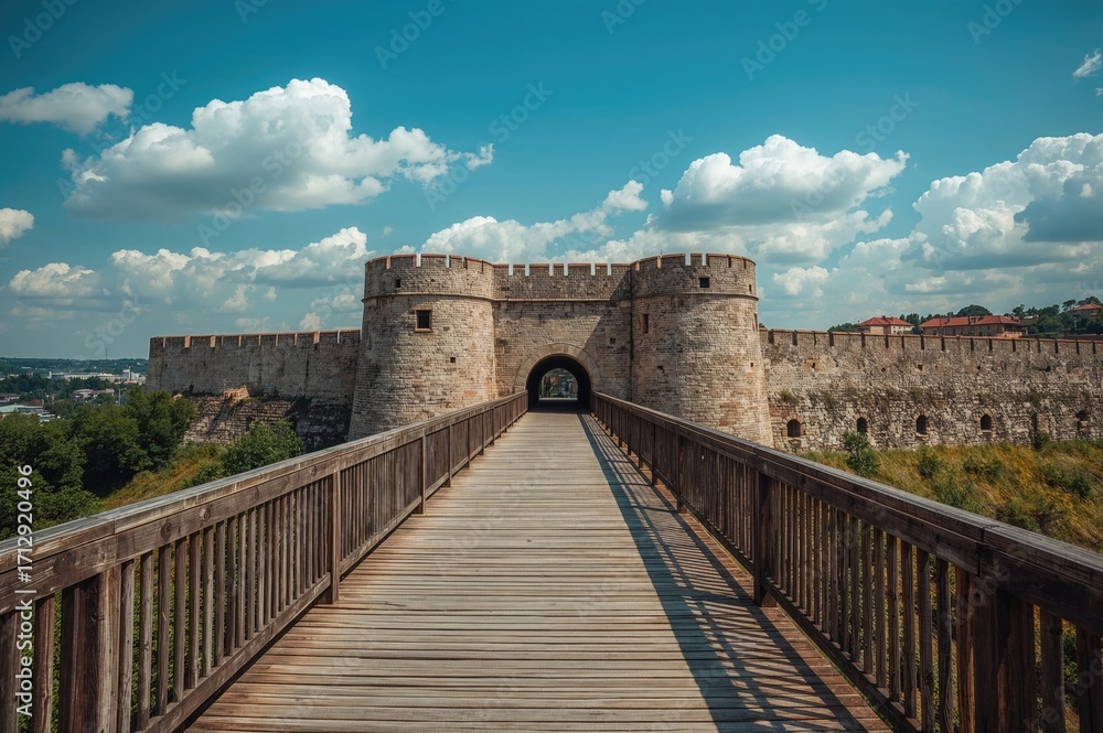 Obraz premium Timber footbridge and archway marking an entrance to a historic fortress hosting a major music festival