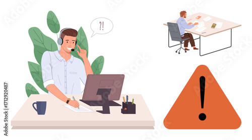 Customer service agent using headset at desk with computer. Alert icon and employee at table suggest urgency. Ideal for communication, troubleshooting, business, productivity, support, teamwork