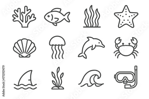 Wave marine icons biology fin starfish vector scuba seaweed shark icon plant