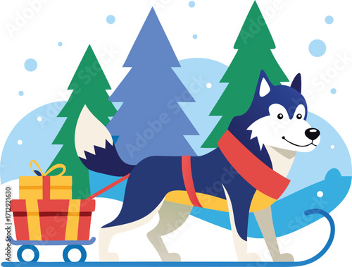 Husky dog pulling a sleigh with gifts through a winter forest