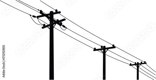 Utility pole silhouettes in perspective, power line infrastructure, black and white illustration, electrical distribution system, urban energy, engineering layout