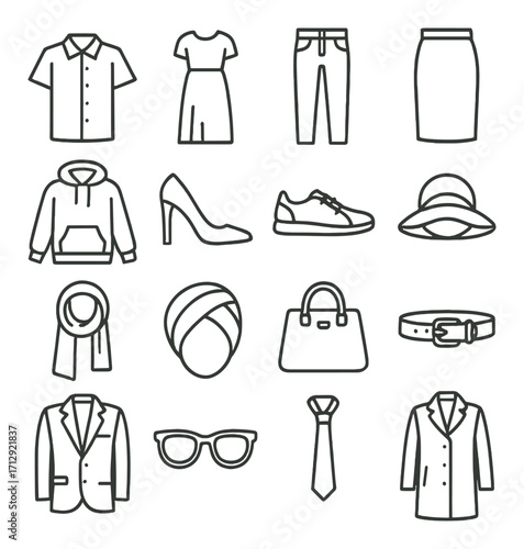 Clothing and accessories icons: shirts, dresses, hats, shoes, and more
