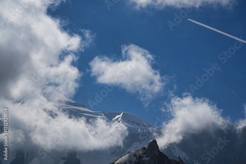 Passenger plane over the Mont Blanc Massif.
