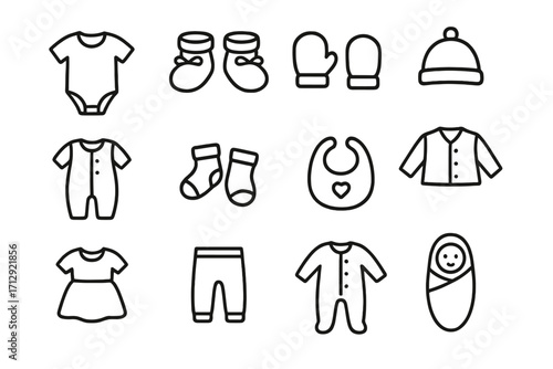 Dress clothing vector icons romper swaddle hat onesie sleep baby mittens socks