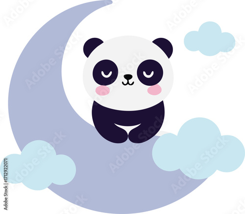 Cute panda resting on a crescent moon with clouds